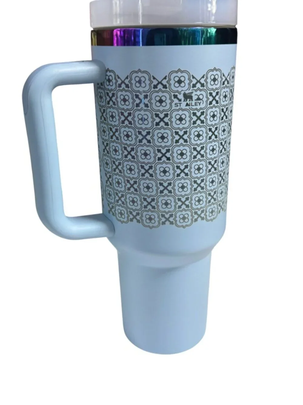 Stanley Engraved Tumbler with Handle, Light Blue Floral Pattern